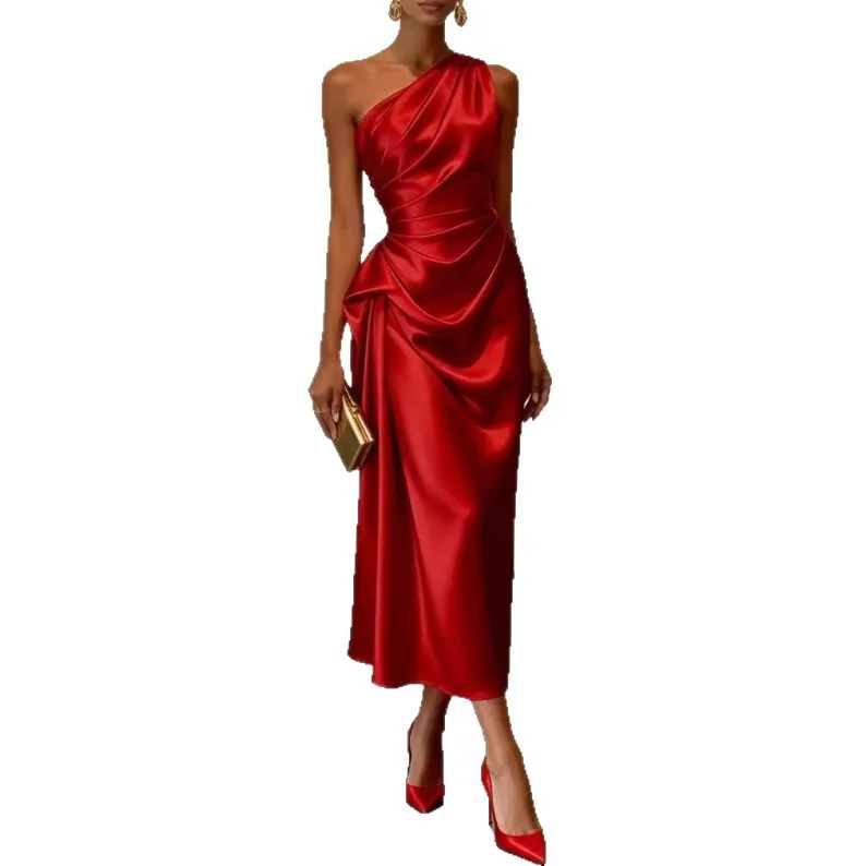 One Shoulder Asymmetrical Neck Satin Midi Dress All Over Side Ruched Draped Detail view 6