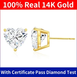Szjinao Pure 14K Gold Hearts Earrings Moissanite Real Gold Certified Women Jewelry Three Claw Luxury AU585 K Gold Wedding Gifts