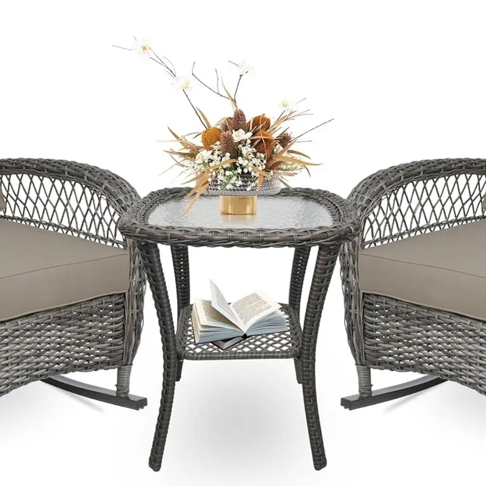 

Brown Outdoor 3-Piece Patio Furniture Set with Rattan Chairs, Cushions, and Glass Table for Garden or Bistro