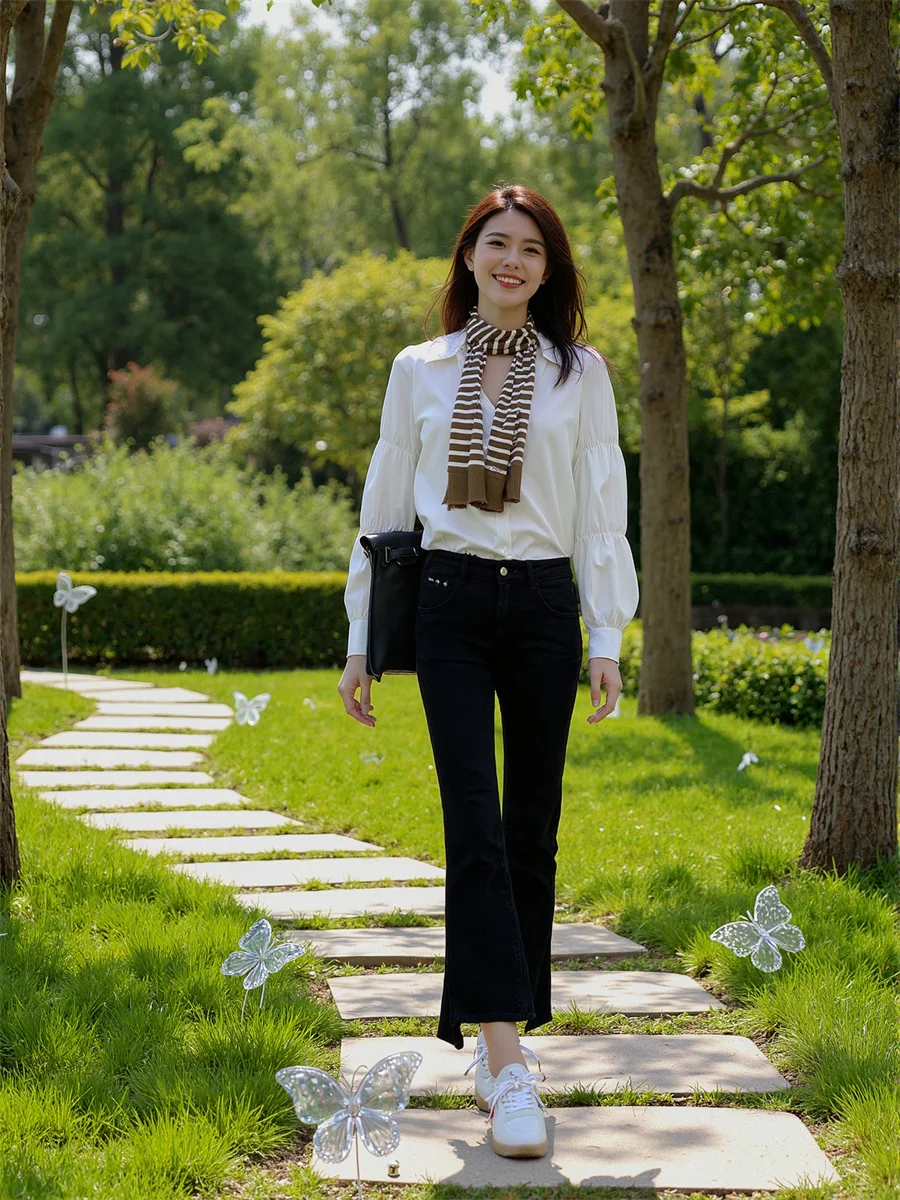 Pantalones vaqueros ajustados con dobladillo acampanado para mujer, pantalón informal, holgado, de cintura alta, a la moda, color negro cielo, ropa de calle cómoda para verano