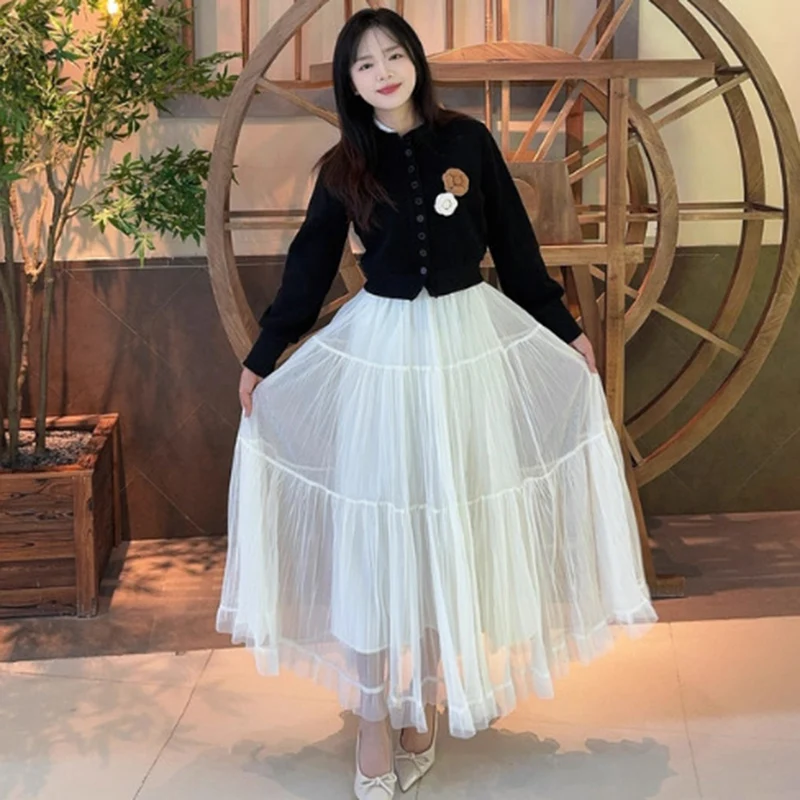 Elegant Solid Color A Line Mesh Skirts Women 2026 Elastic High Waist Tulle Long Skirt Woman Korean Patchwork Ruffles Skirts