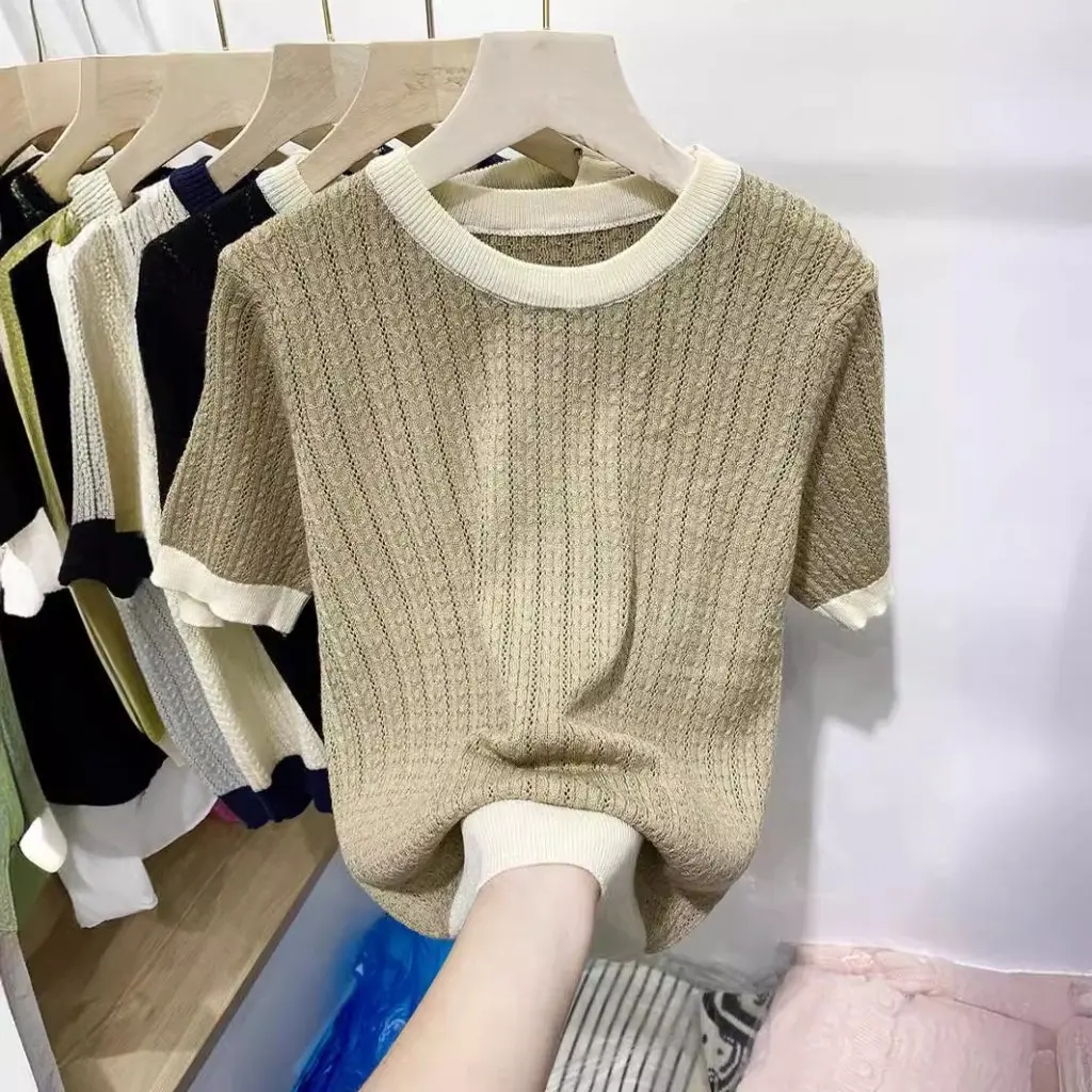 

Summer New Women's Contrast Soft Waxy Short-Sleeved SweaterLazy Style All-Match Top Niche Design