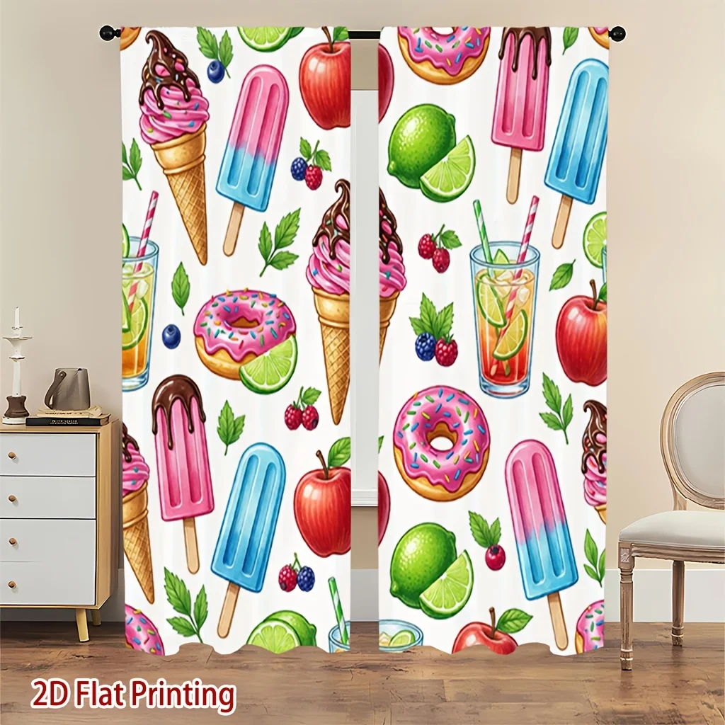 Cartoon Ice Cream Donut Print Blackout Curtains - Sweet Summer Food Pattern Window Drapes for Kids Room Kitchen Decor