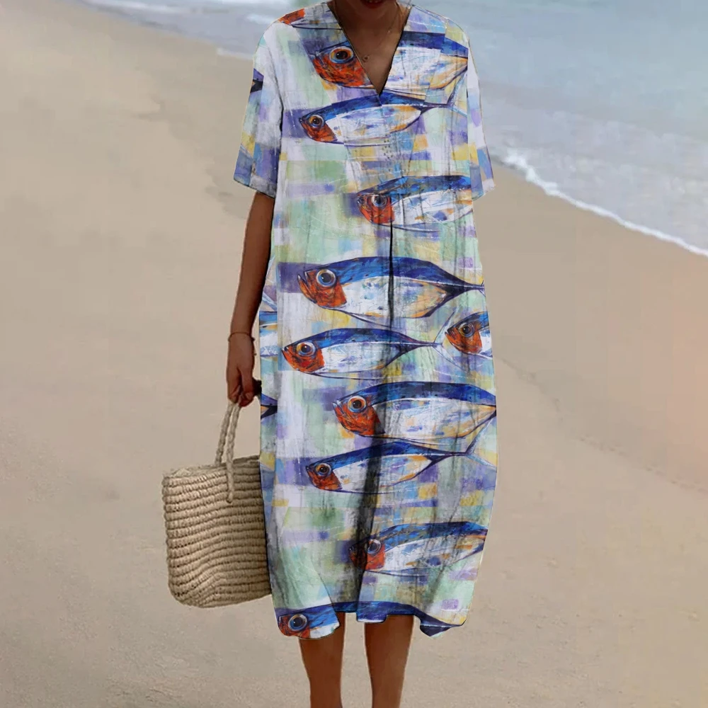 

Women's Sardine Print Beach Dress Sardines Lover Skirt Summer Seaside Sardine Pattern Wears Beach Vacation Long Dress