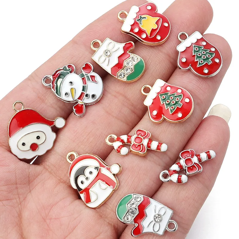 10pcs/Lot Alloy Drip Oil Christmas Enamel Charms Pendants Ornaments Beads for Bracelet Earrings Jewelry Making Xmas Tree Decor