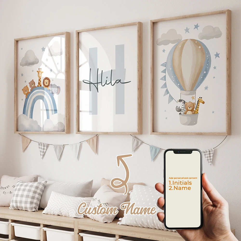 

3pcs Personalized Custom Name Cute Cartoon Hot Air Balloon Wall Art Print Picture For Living Room Kids Boy Room Home Decor Gift