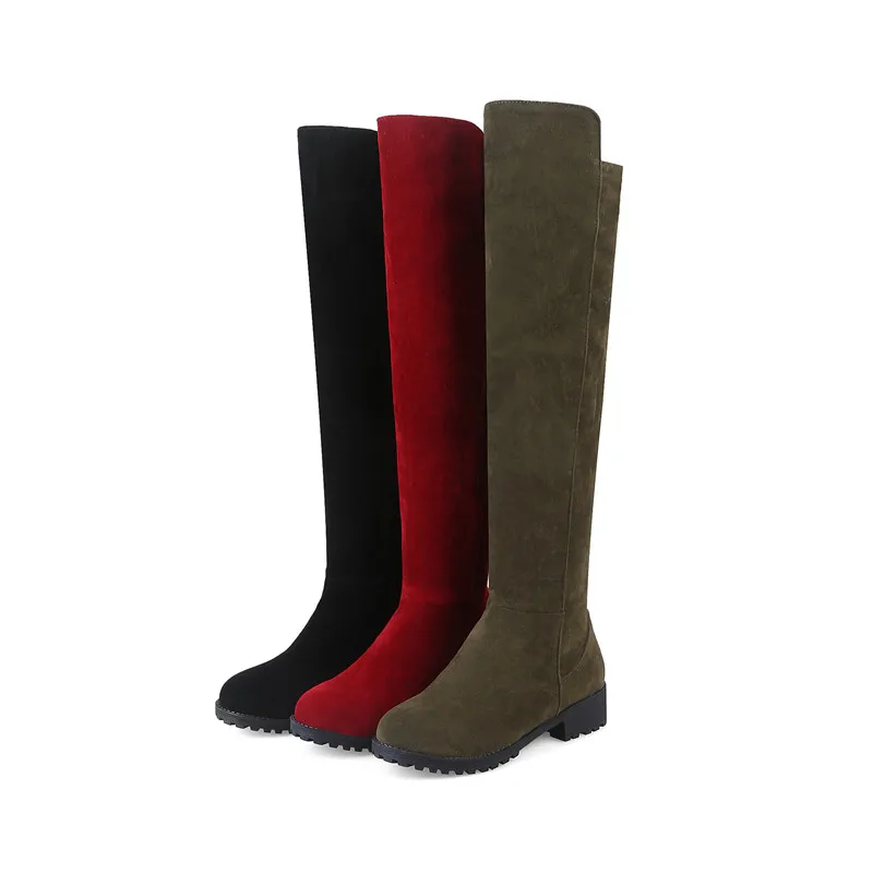 

Lady Plus Size 33-46 27cm Green Red Motorcycle Knee Boots Slide Fastener Flock Null Long Botas High Heel Flock Zip Shoes Winter