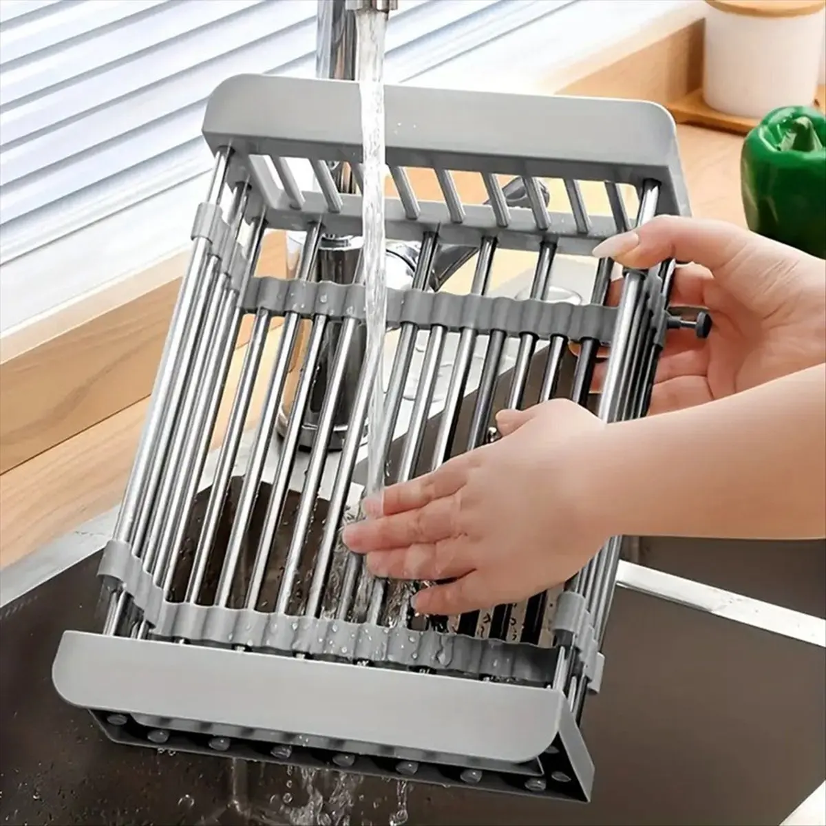 

Adjustable over Sink Dish Drying Rack with Stainless Steel Drain Basket Expandable Space Saver for Fruits Vegetables
