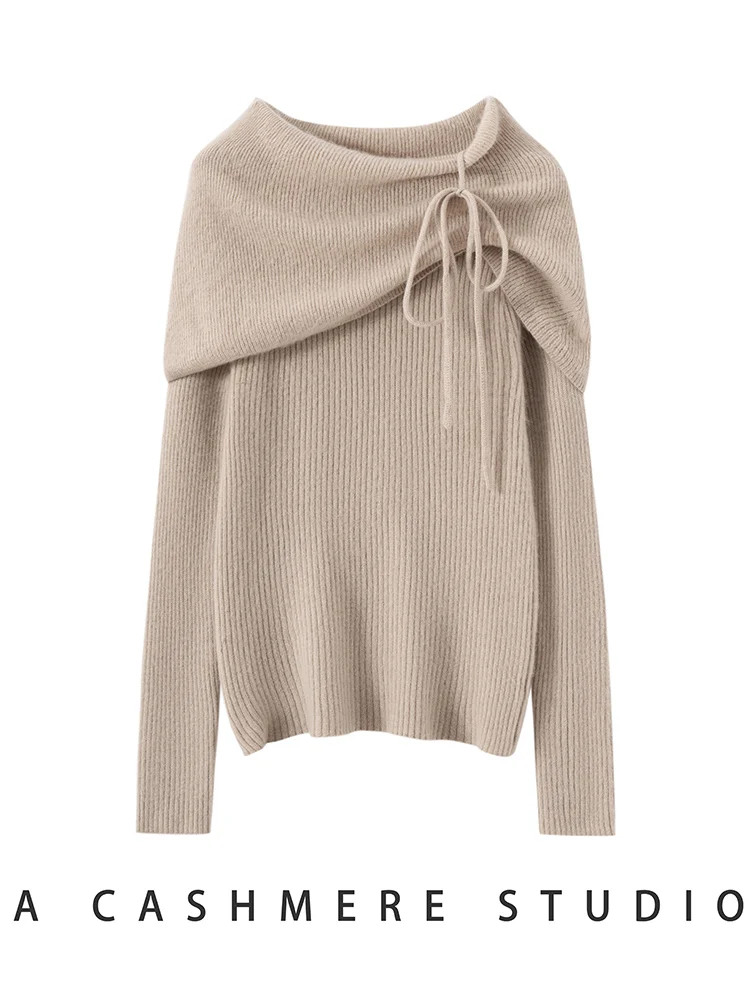 CHICUU ผู้หญิง 100% เสื้อกันหนาวแคชเมียร์เสื้อคอปกแขนยาวสแลชคอเกรซสไตล์แคชเมียร์เสื้อถักฤดูใบไม้ร่วงฤดูหนาวออฟฟิศเลดี้