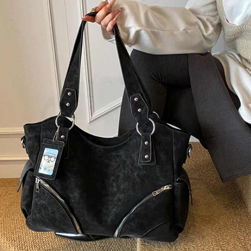 

Vintage Suede Tote Bag American-style Rivet Motorcycle Bag Women Punk Shoulder Bag Multi Pockets Large Capacity Commute Handbag