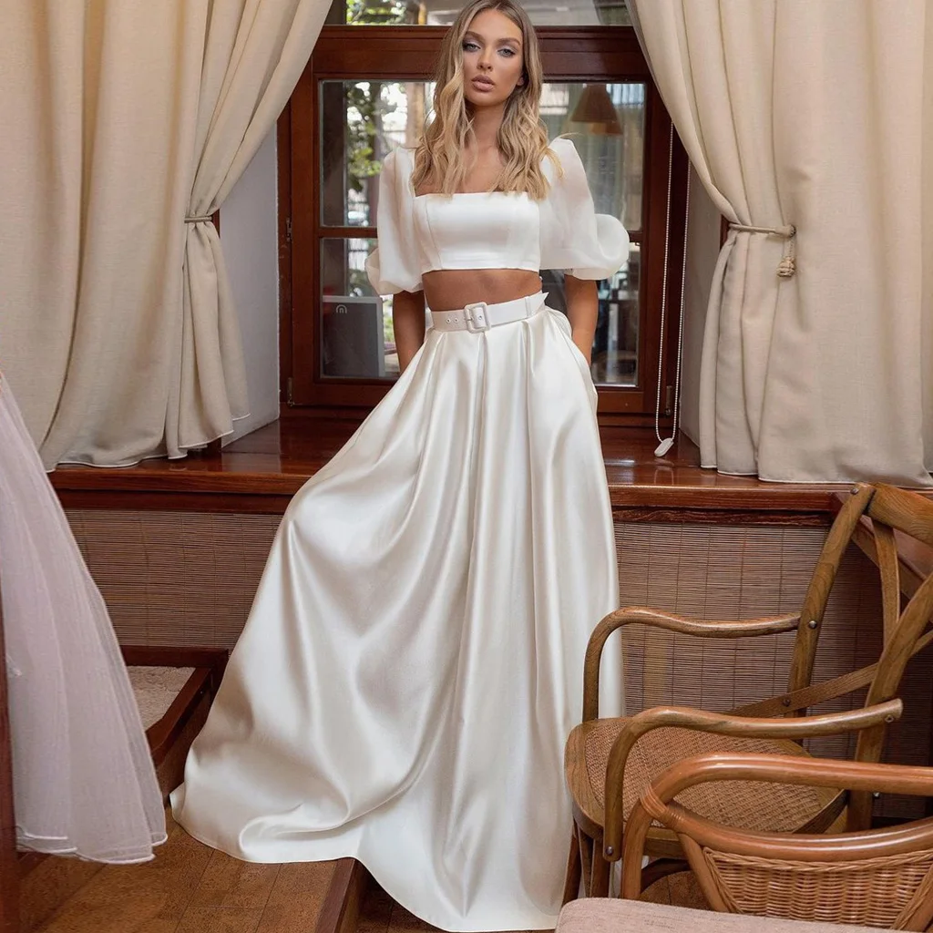 White Satin Two Piece Set Wedding Dress With Zippers Square Blouses & A-line Long Bridal Skirt Elegant Bride Gown For Women