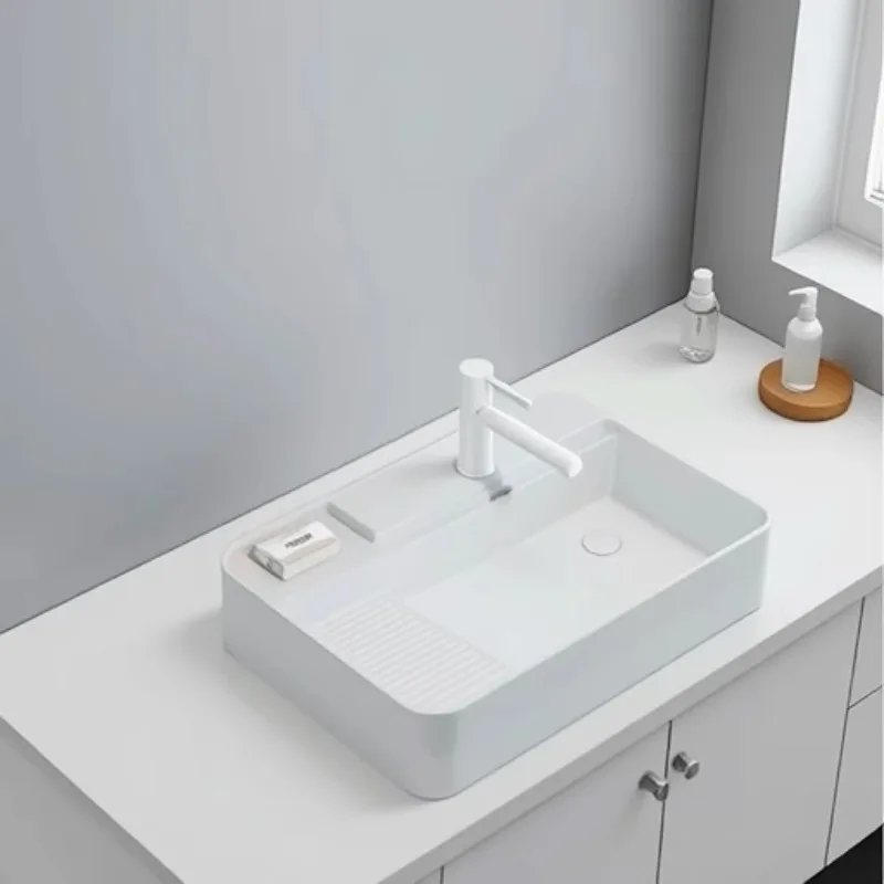 

Side launching ceramic table basin with washboard balcony laundry basin household left and right side launching