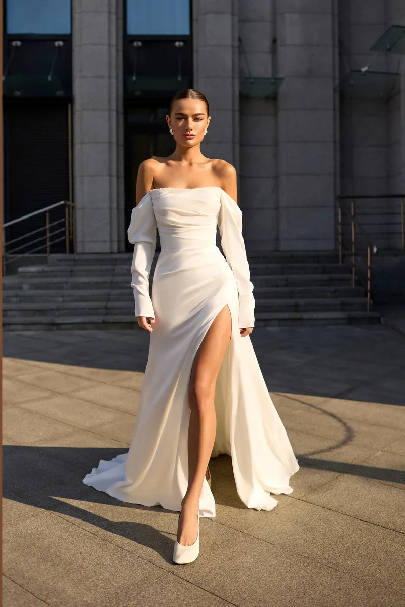 Customize To Measure Boat Neck Floor Length Wedding Dress Side Slit Long Sleeves  Pleat Bridal Gowns Stunning 2025 Elegant Beach