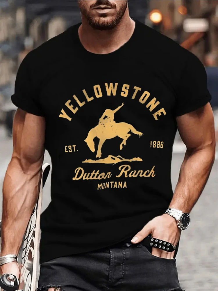 

Yellowstone Dutton Ranch Graphic,with Cowboy Silhouette design -100% cotton O-neck short sleeve casual printed men's T-shirt.