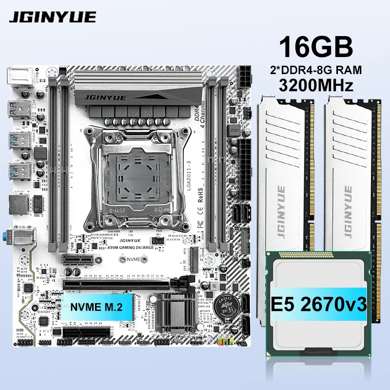 JGINYUE X99 Motherboard LGA 2011-3 +Xeon E5 2670 V3+16GB（2*8GB）DDR4 RAM Memory M.2 NVME SATA WIFI X99M GAMING D4/ARGB