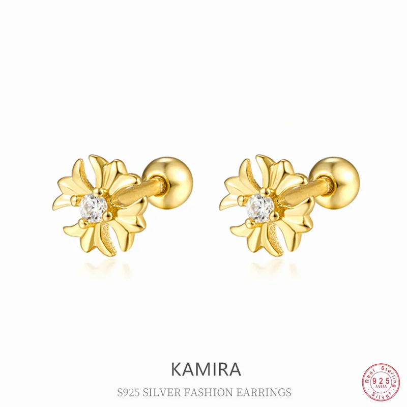 KAMIRA Real 925 Sterling Silver Temperament Elegant Luxury Flower Zircon Screw Beads Earrings for Women Delicate Fashion Jewelry
