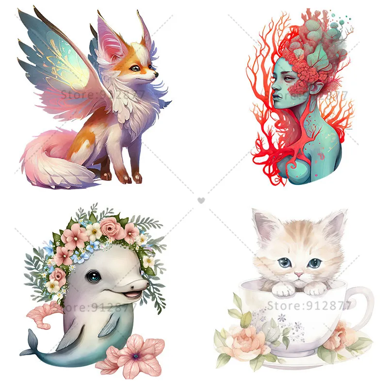 ron On Patches Cute beautiful cute white unicorn with pink wings fairy fox bunny cats fish bows butterfly dolphin Full color