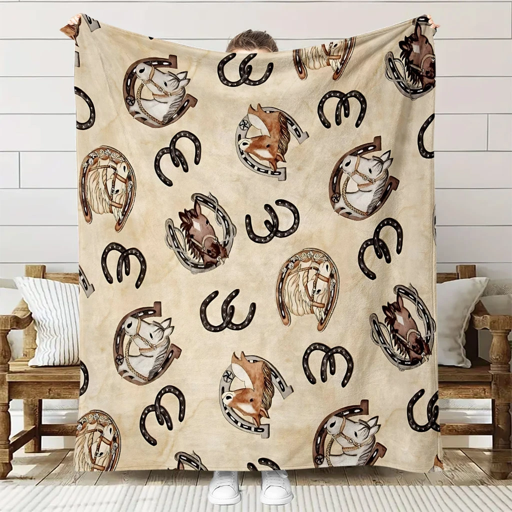 1pc Skin-Friendly Horseshoe Pattern Themed Flannel Blanket, High-Definition Digital Print, for Sofa and Bed Cover, Soft and Brea