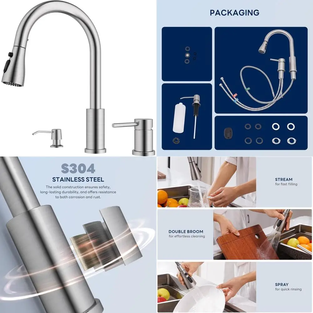 

3-Hole Pull-Down Sprayer Kitchen Faucet with Soap Dispenser, Brushed Nickel Finish, High Arch 3-Piece Set, S304 Stainless Steel