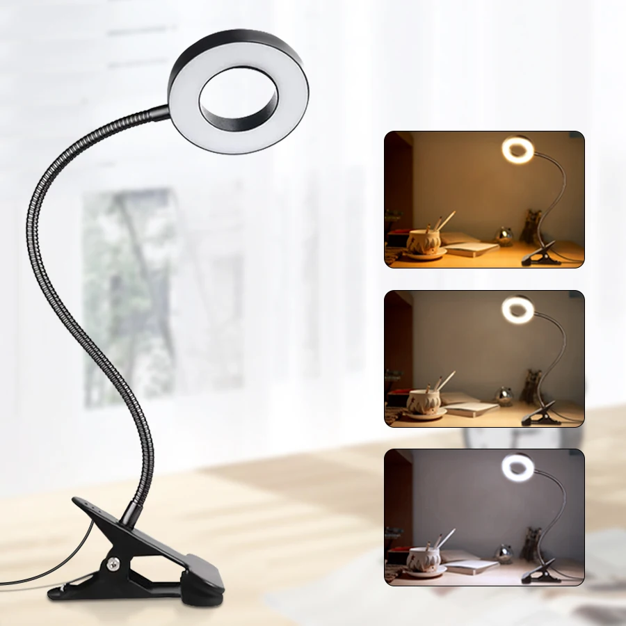 USB LED Desk Lamp with Clip Flexible Dimmable Study Reading Light 3 Color Temperatures Eye Protection Table Lamp