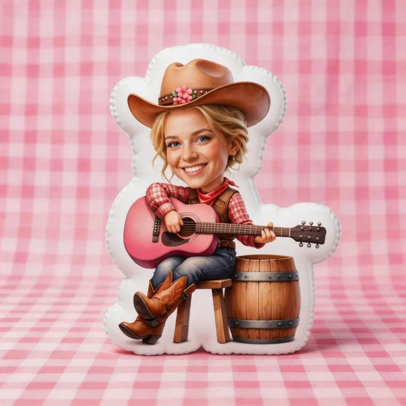 Custom Personalized Photo Cowboy Style Shaped Pillow, Smiling Face Guitar Player Decorative Cushion, Unique Home Decor Accent fo