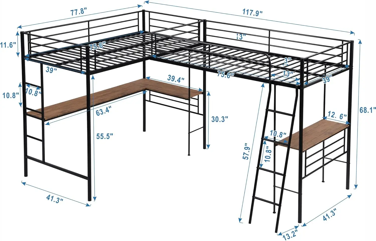 Size Loft Beds, Metal L-Shaped Loft Bed Frame with Two Desk Underneath for 2 Kids Boys Girls Teens, Black