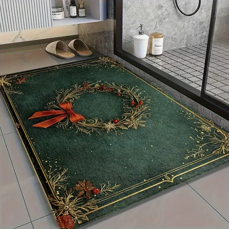 VIKAMA Brown Terrier Dog Santa Hat Hugging Tree Door Mat, Non Slip Absorbent Soft Plush Mat Front Door, Xmas Decor Gift