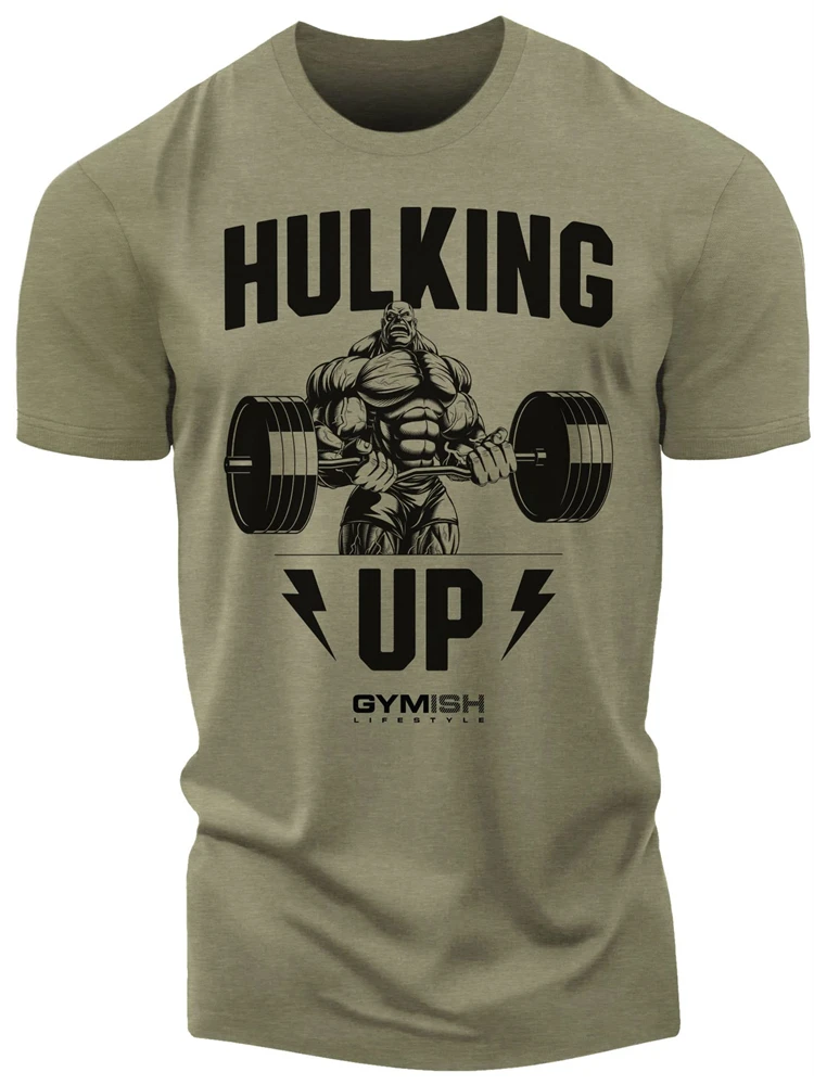 Men's Fitness T-shirt Street Tough Man Fitness Dumbbell Weight Lifting Muscle Men's T-shirt Daily Outdoor Short-sleeved  T-shirt