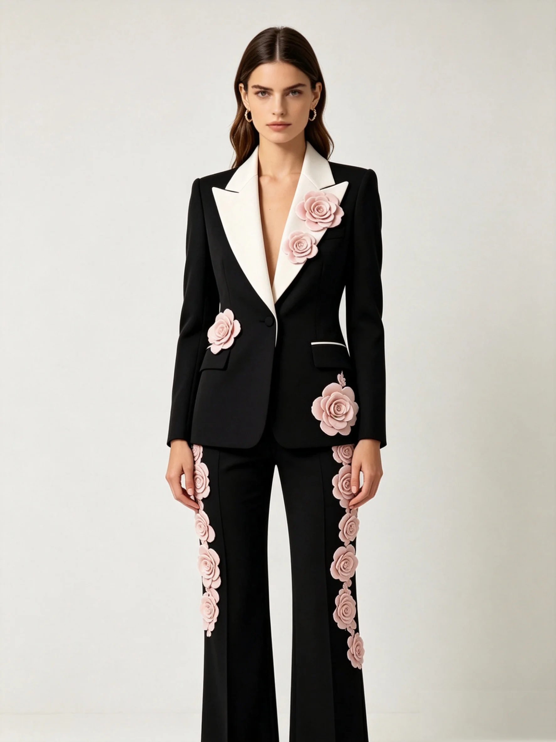 

Black White Women Suit Set 2 Pcs Blazer Pants Pink 3D Flower Cotton Customized Formal Office Wedding Tuxedos Coat Prom Jacket