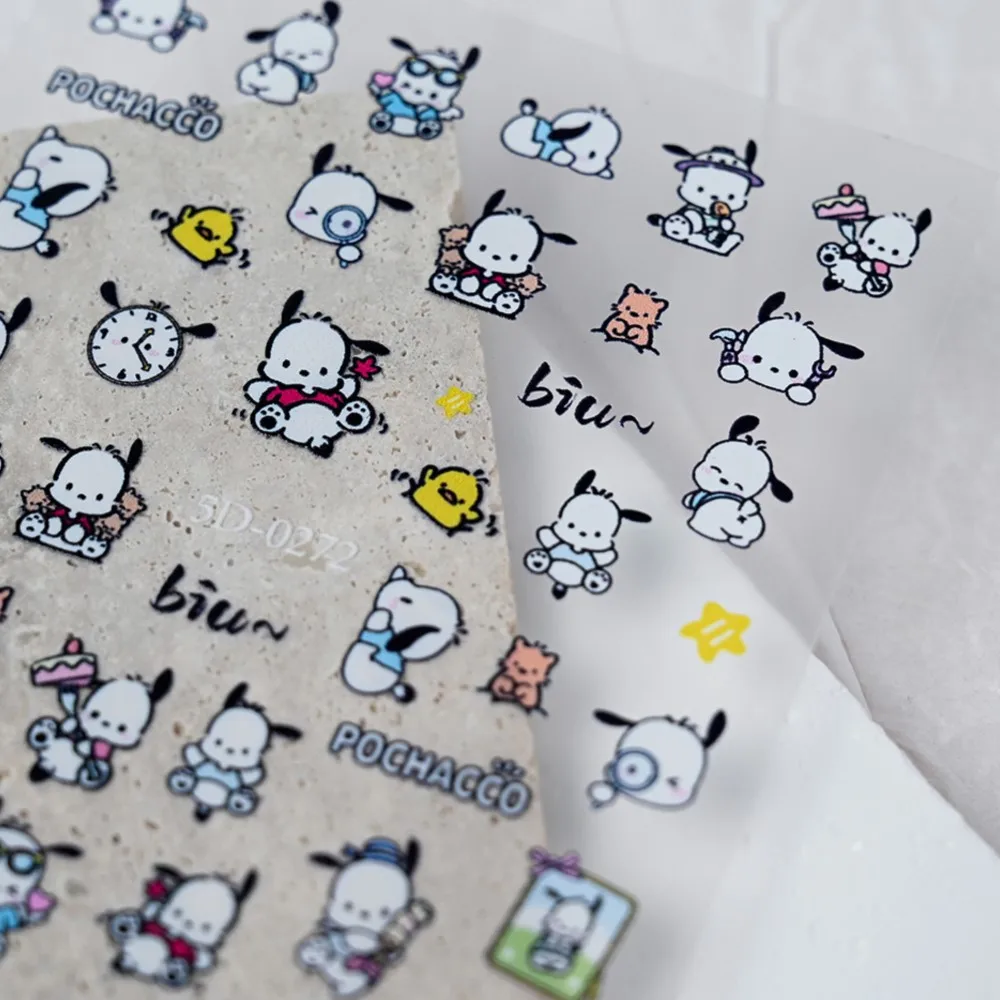 5D süße Sanrio Pochacco Nagelaufkleber geprägt Relief Kuromi Kitty Katze Nagelaufkleber Kawaii Cartoon Pochacco Hund Maniküre Sliders