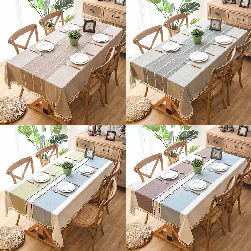 

Linen Tablecloth With Tassel Plaid Cotton Table Cover Wrinkle Free Anti-Fading Thick Rectangular Wedding Dining Tea Table Cloth