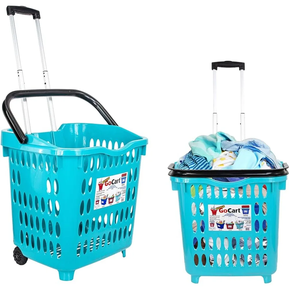 Grocery Cart Rolling Shopping Laundry Basket on Wheels Hamper with Telescopic Handle Cleaning Caddy Trolley,Teal, Bigger 1 pack