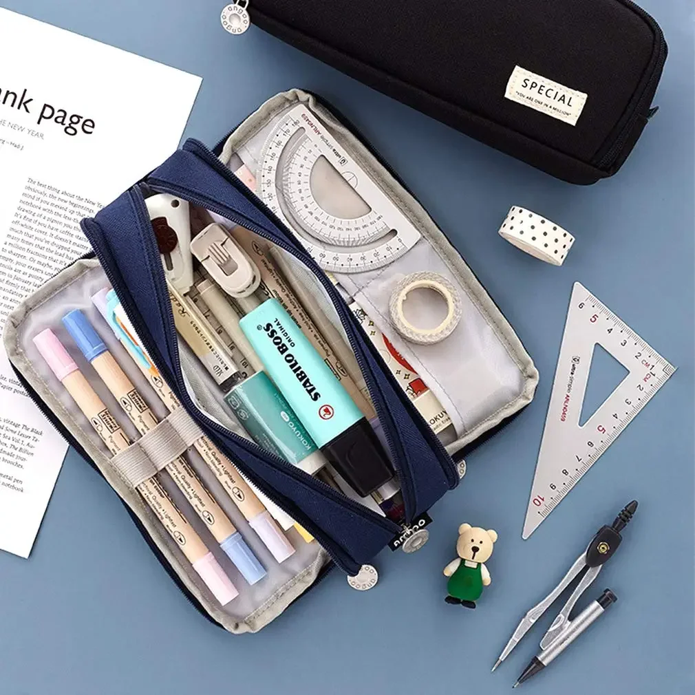 Pencil Case Large Space Storage 3 Compartment Pouch Double Side Opened Student Stationery Desk Organizer School Supplies view 6