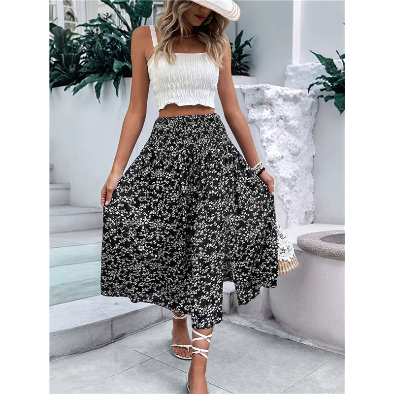 Hot Kf-Women's Print Long Skirts High Waist Split A Line Full Length Maxi Skirt