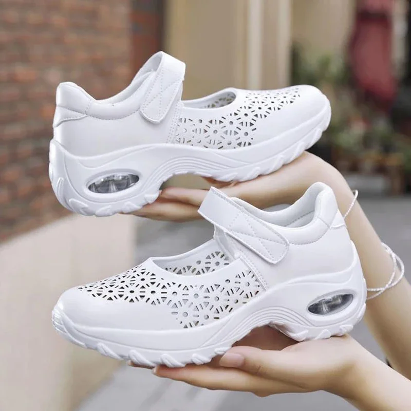 Summer New Women's Sandals Sneakers Breathable Mesh Casual Hollow Shoes Woman Comfortable White Wedge Heel Light Dance Shoes