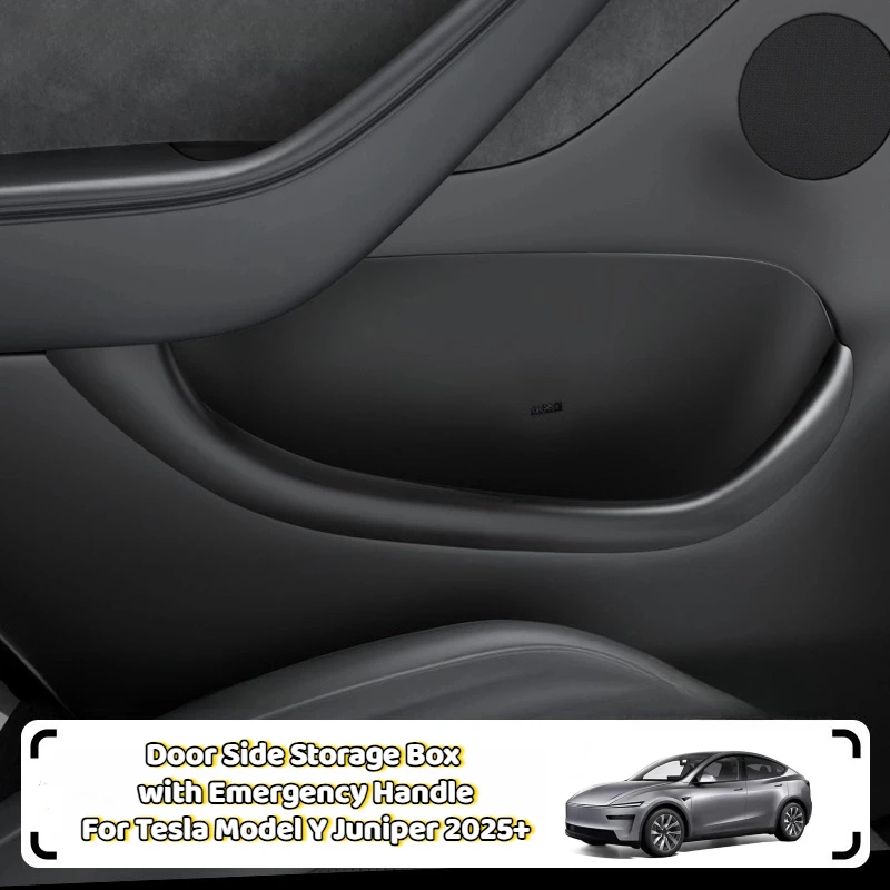 

Door Side Storage Box with Emergency Handle for Tesla Model Y Juniper 2025 TPE Door Slot Mat Tray Organizer Cover Accessories