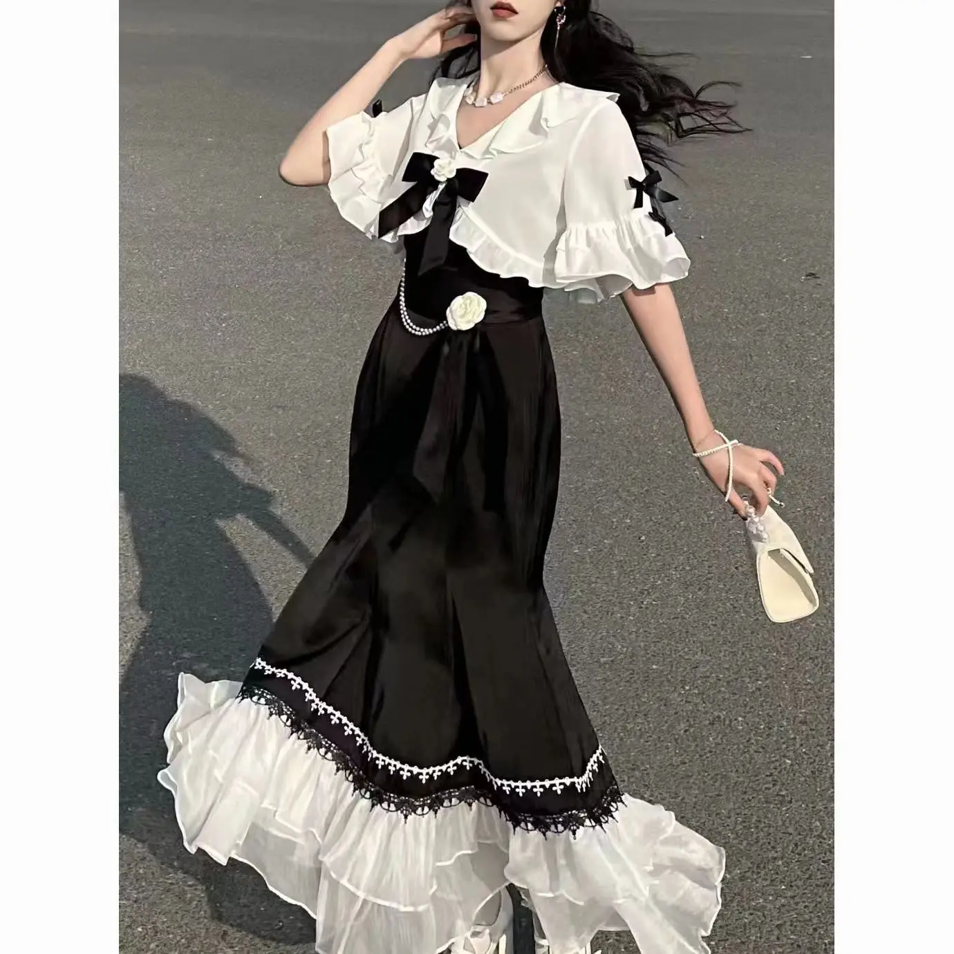 Japanese 2000s Style Y2k Soft Girl White Cape + White Black Patchworked Ruffle Dress Two Piece Set Woman 2024