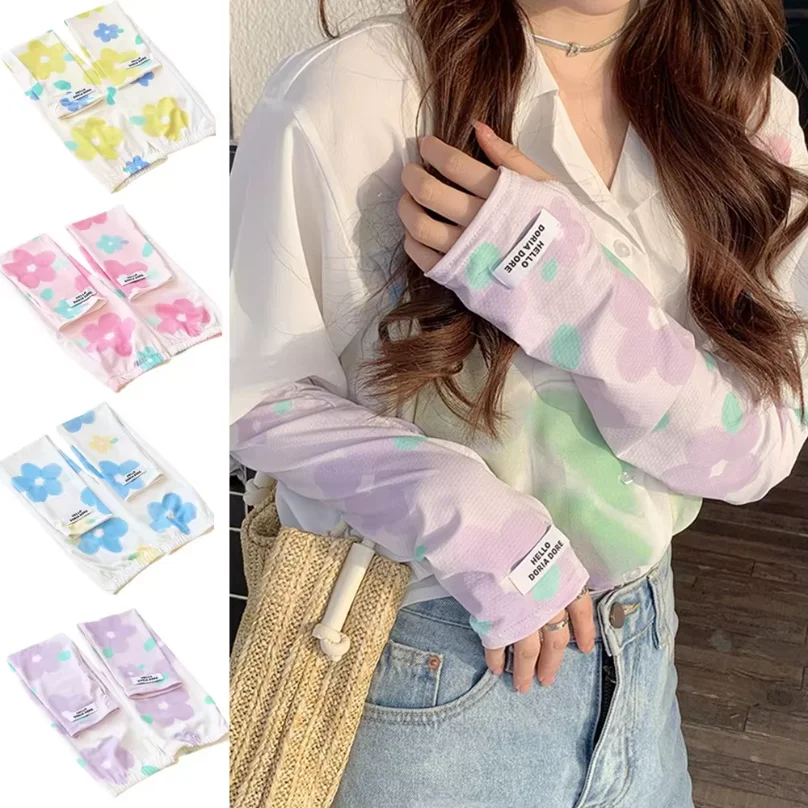 Sports Ice Arm Summer Printed Half Finger Gloves UV Sun Protection Cuff Cover Thin Long Gloves