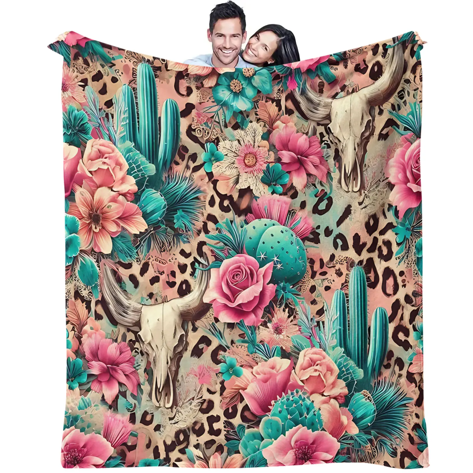 Western Cowgirl Leopard Print Flannel Throw Blanket Bull Skull Cactus Pink Floral Rose Plush Blanket Boho Warm Cozy Bed Sofa