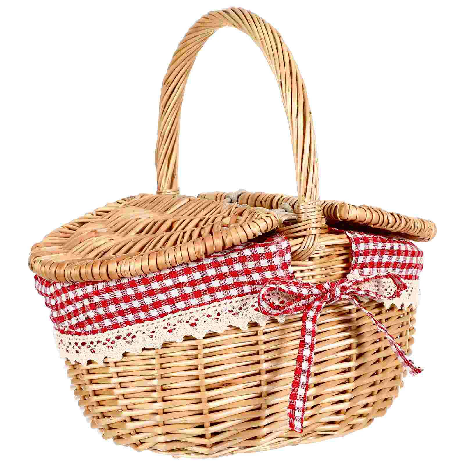 

Rattan Picnic Basket Multipurpose Woven Holder Storage Bins Outdoor Toy Handheld Food Fruit Tote Bag with Lids