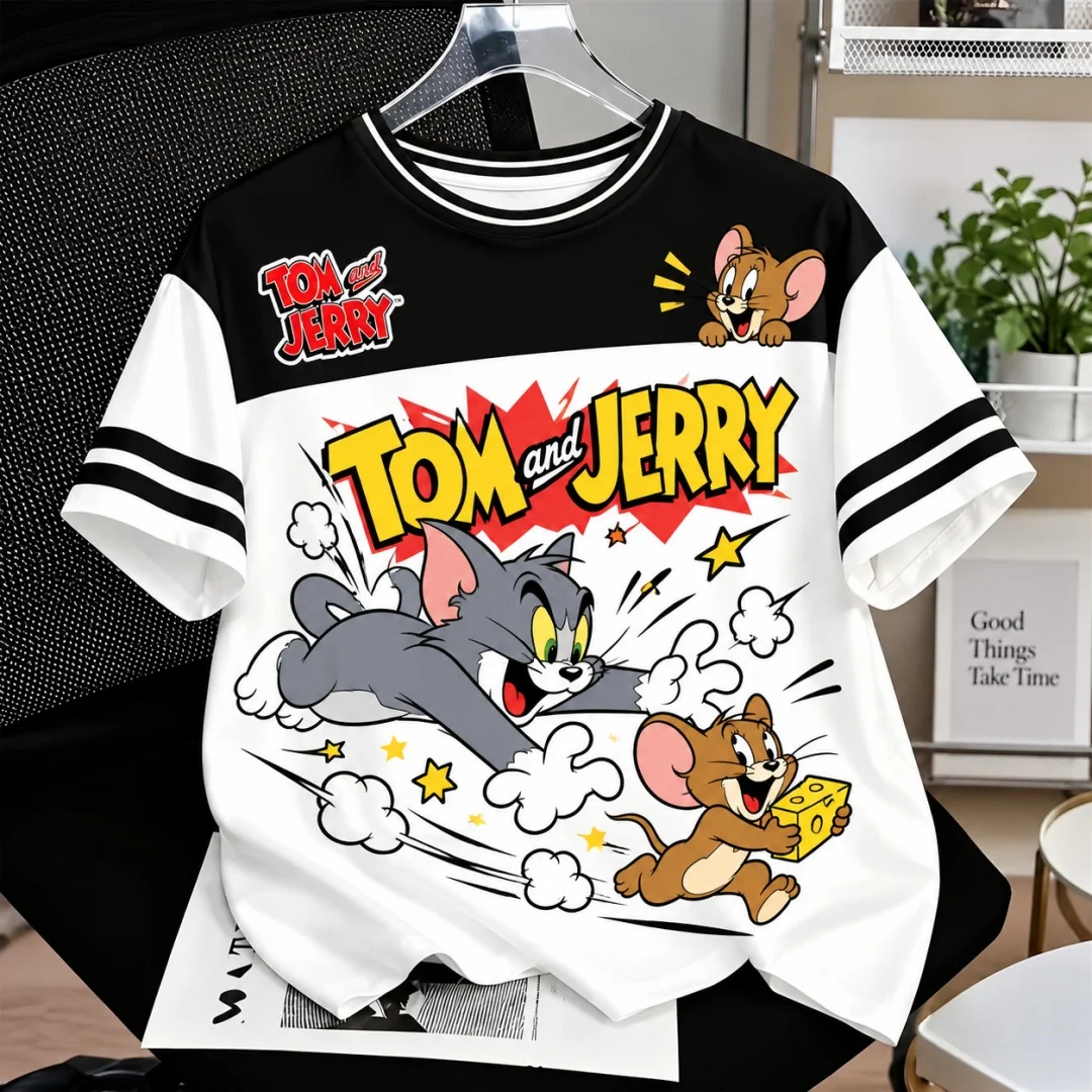 Tom & Jerry Grafik-T-Shirt für Herren und Damen, Vintage-Cartoon-Print, gestreifte Ärmel, Farbblock-Design, kurzärmelig, Alltags-T-Shirt, Kinder-T-Shirt – Detail 6