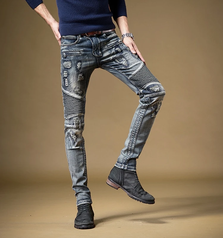 Retro Distressed Motorcycle Style Men's Jeans Spring Autumn New Arrival Slim Fit Patchwork Fashionable Casual Long Trousers