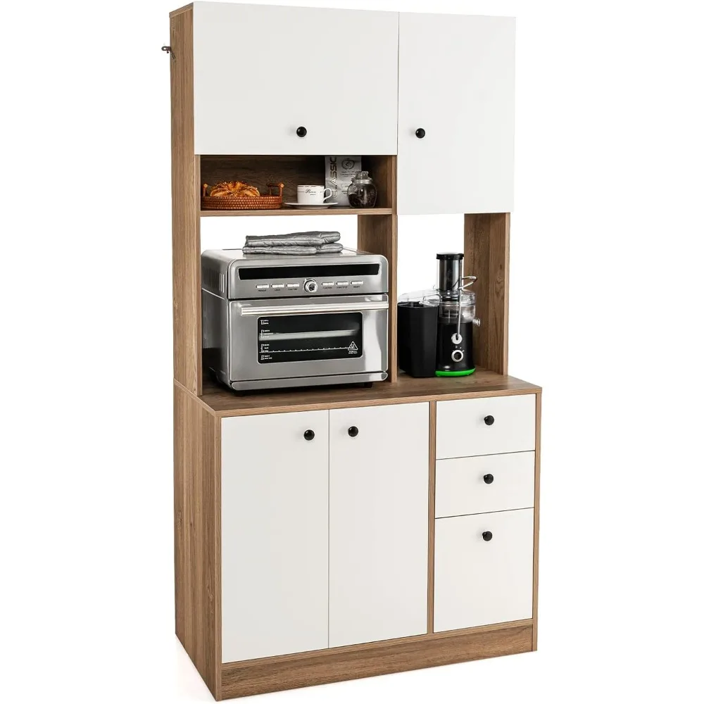

71” Tall Kitchen Pantry Storage Cabinet, Freestanding Buffet Hutch with Doors, Adjustable Shelves, 3 Drawers and Microwave Stan