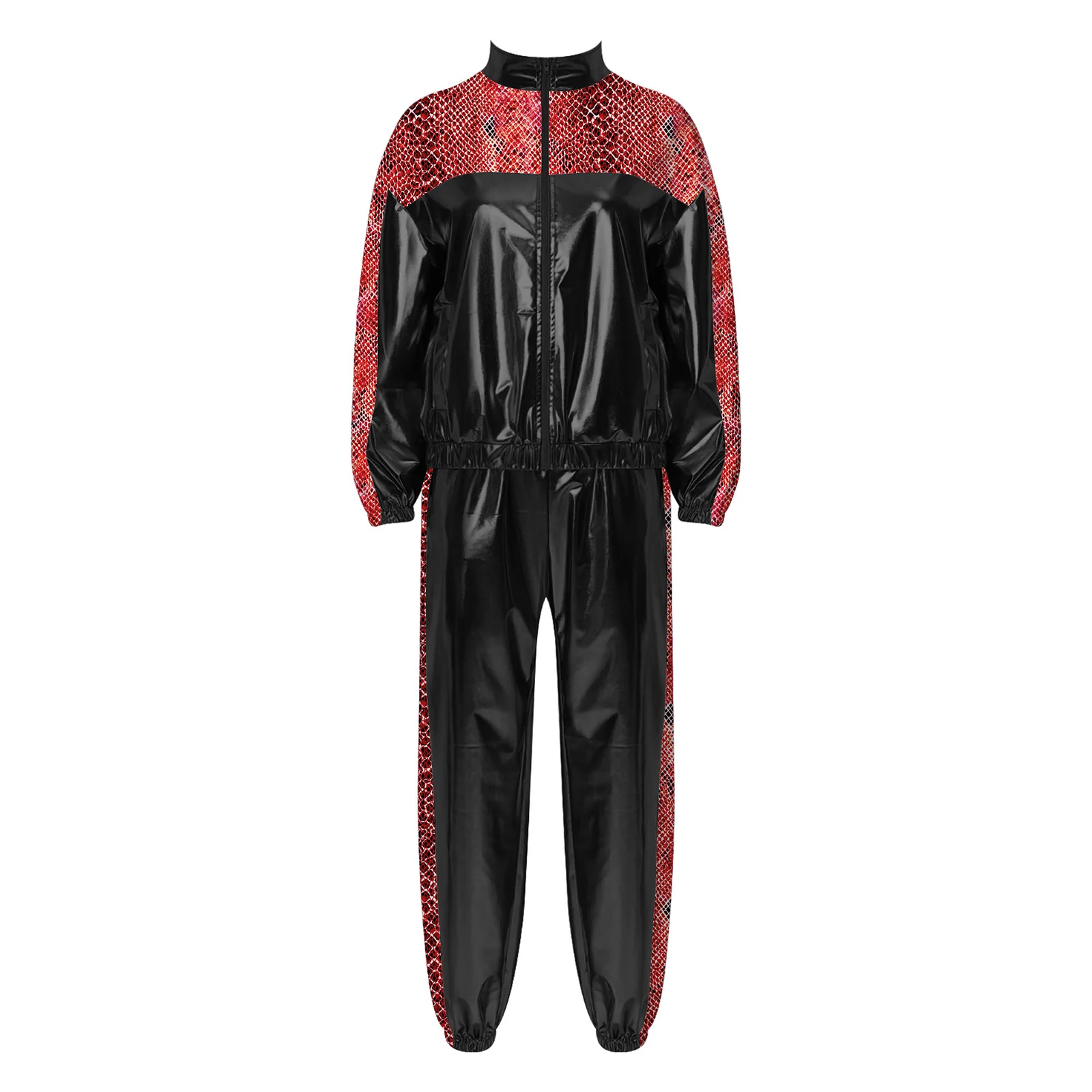 Damen Metallic Glänzendes Disco Hip-Hop Kostüm 80er Jahre Jazz-Tanz-Outfit Langarm-Jacke mit Frontreißverschluss und Jogginghose – Detail 4