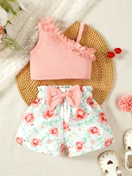 New Newborn Girl Baby Summer Sling Sleeveless Cotton Casual Daily Big Bow Print Baby Clothing Set