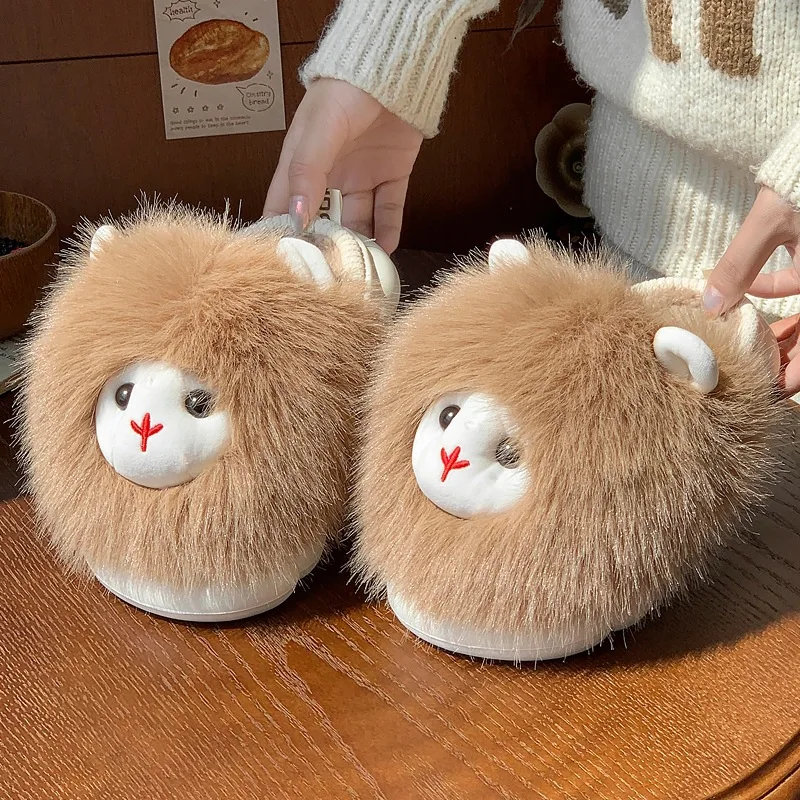 

winter home lovely alpacas furry slippers women comfortable soft sole flip flops warm plush indoor bedroom female cotton slipper