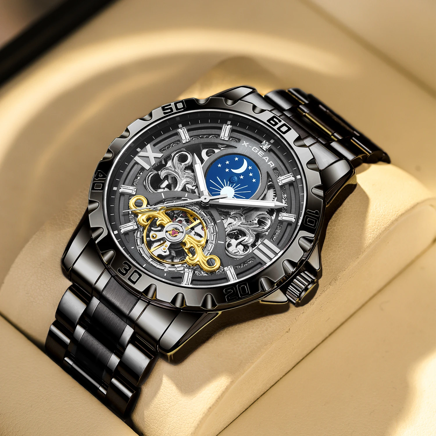 X-GEAR Tourbillon Automatic Mechanical Wristwatch Skeleton Starry Sky Moon Phase Luminous Stainless Steel Mechanical Watch