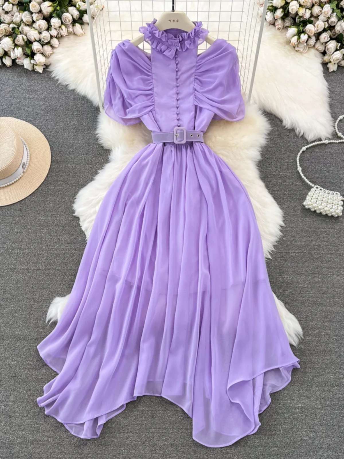 Ele A-Line Chiffon Dr with oulder Bared Waist-Cinched Pleated Slimming Stand Collar for Women in Their 20s Summer Wear