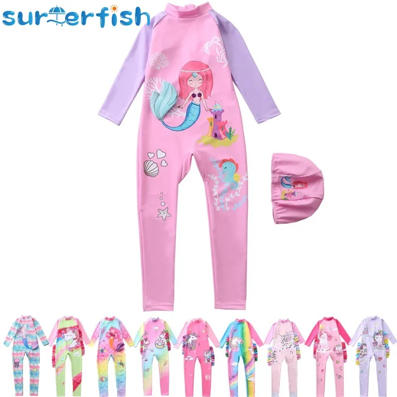 

Kids Wetsuit Long Sleeve Surfing Suit Mermaid Unicorn Diving Snorkeling Swimming Jumpsuit Scuba Dive Swimwear Girls With Cap