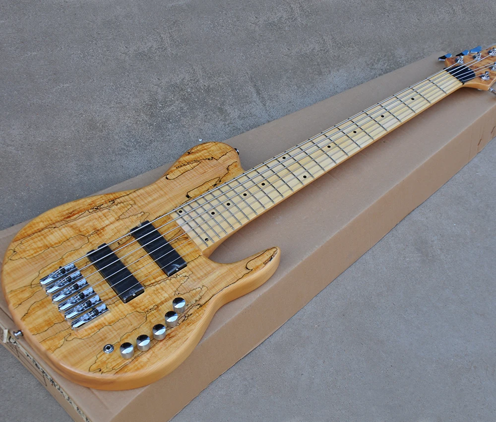 

6 Strings Neck-thru-body Electric Bass Guitar with Spalted Maple Veneer,Active Circuit,24 Frets,Maple Fretboard